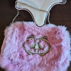 Orciani Pink 🩷 Fur Shoulder Bag/Clutch Rhinestone Removable Strap